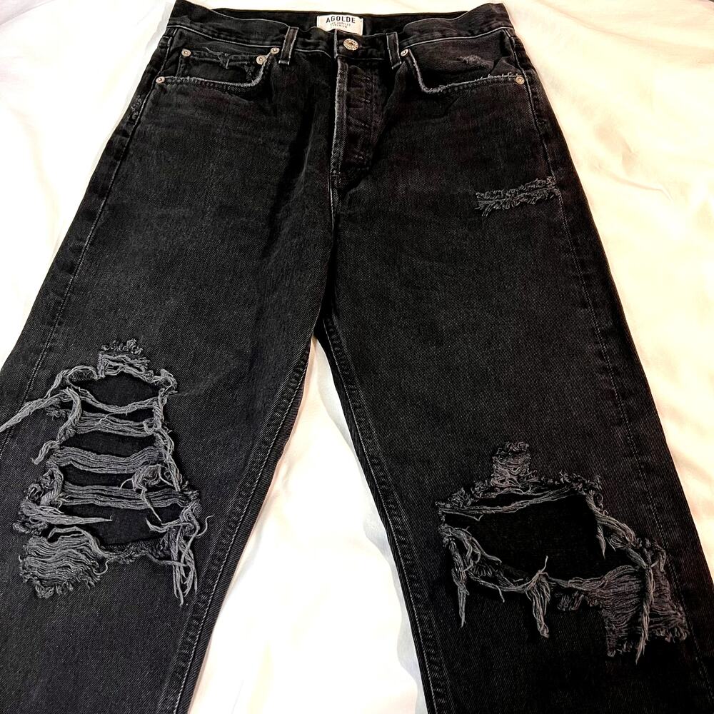 AGOLDE Jeans 90’s Mid Rise Loose Fit Smokestack Black Dark Distressed Size 28